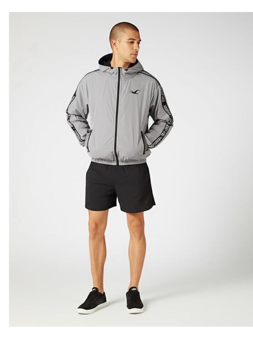 Hollister Light Gray Hooded Windbreaker with Black Zip Accents